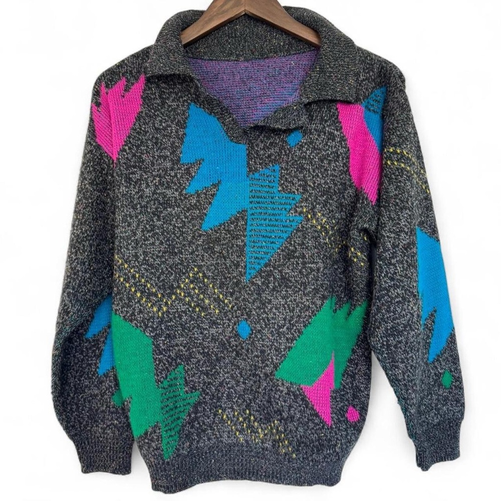 Unique Grey 80s 90s Y2K Vintage abstract Grandpac pattern Neon Knit Sweater